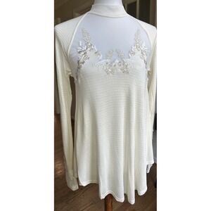Free People Ivory Ecru Lace Mesh Floral Long Sleeve Tunic Top Blouse Sz Xs Boho